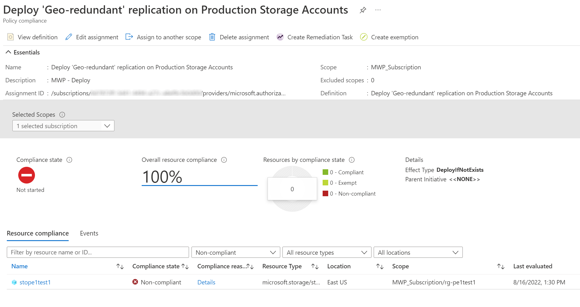 Policy evaluating the storage account as non-compliant